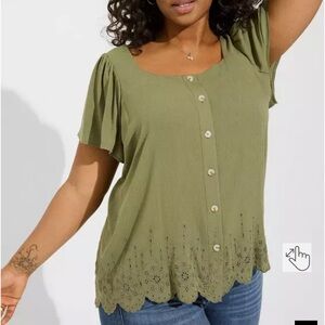 Washable Gauze Square Neck Eyelet Top